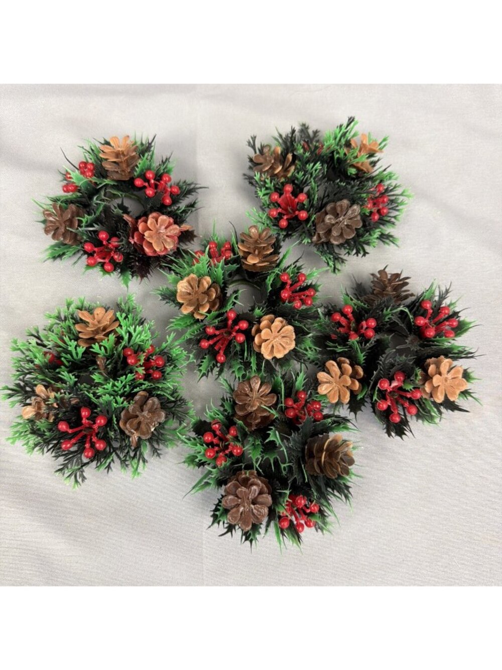 Vintage Plastic Christmas Candle Rings 1" Pinecone Pine Holly Taper Candle Lot
